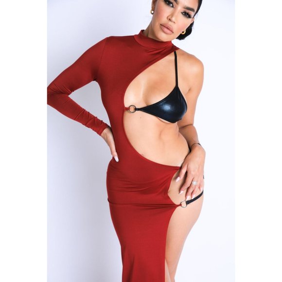 Women's Sexy Strap Detailed Asymmetric Maxi Dress Party Dance Club Wet Look - Picture 3 of 11